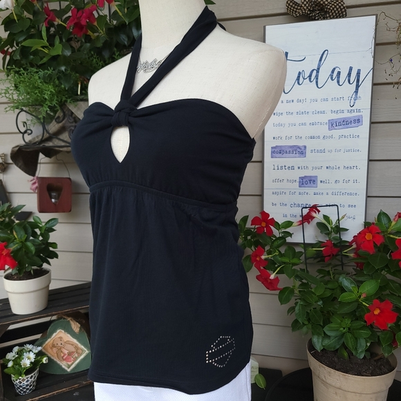 HARLEY-DAVIDSON ♡ NWOT Sweet Sexy Black Silver Studded Tie Back H-D Halter Top S - Picture 1 of 17